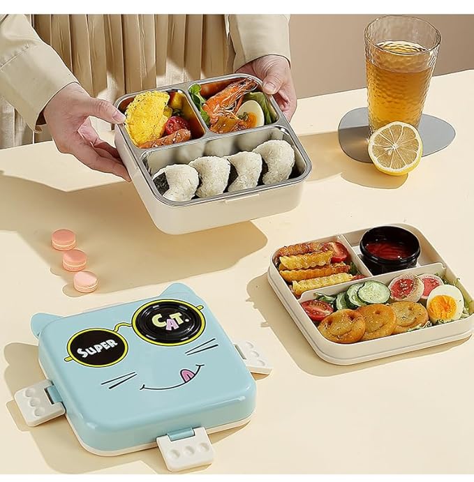 Cat Printed 3 Compartment  Stainless Steel Lunchbox Shivay Gifting pitara