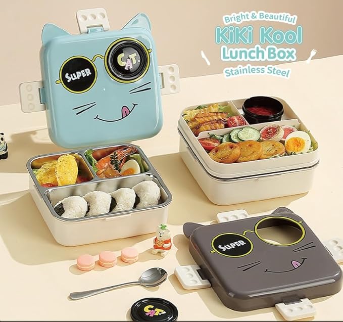 Cat Printed 3 Compartment  Stainless Steel Lunchbox Shivay Gifting pitara