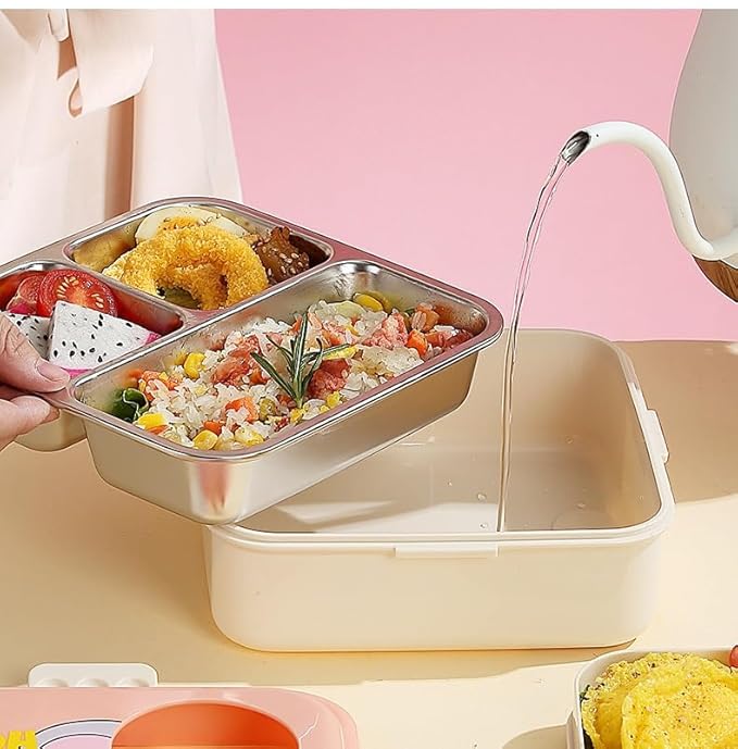 Cat Printed 3 Compartment  Stainless Steel Lunchbox Shivay Gifting pitara