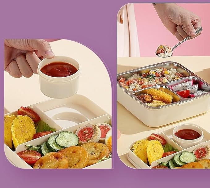 Cat Printed 3 Compartment  Stainless Steel Lunchbox Shivay Gifting pitara