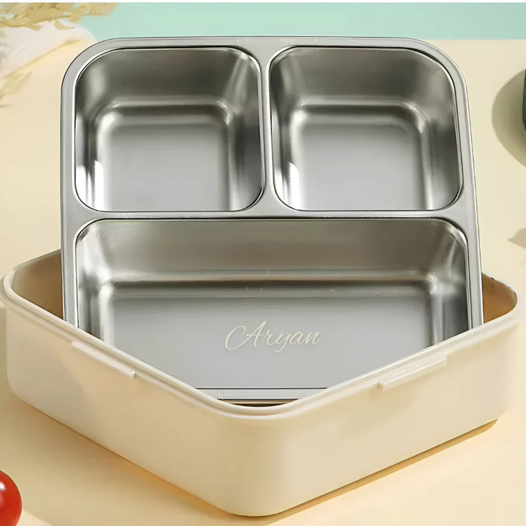 Cat Printed 3 Compartment  Stainless Steel Lunchbox Shivay Gifting pitara